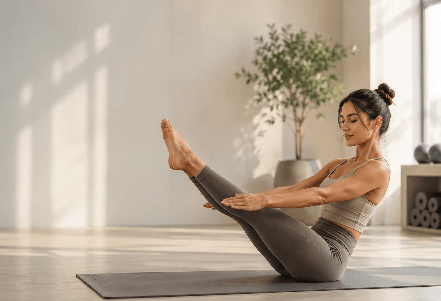 Instrutora conduzindo aula de pilates